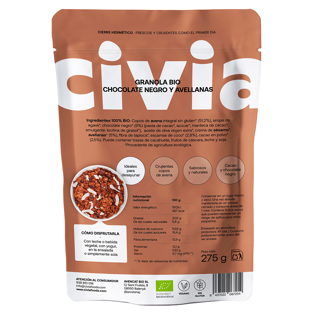 Granola Chocolate Negro y Avellanas<br>BIO Sin Gluten · 275g